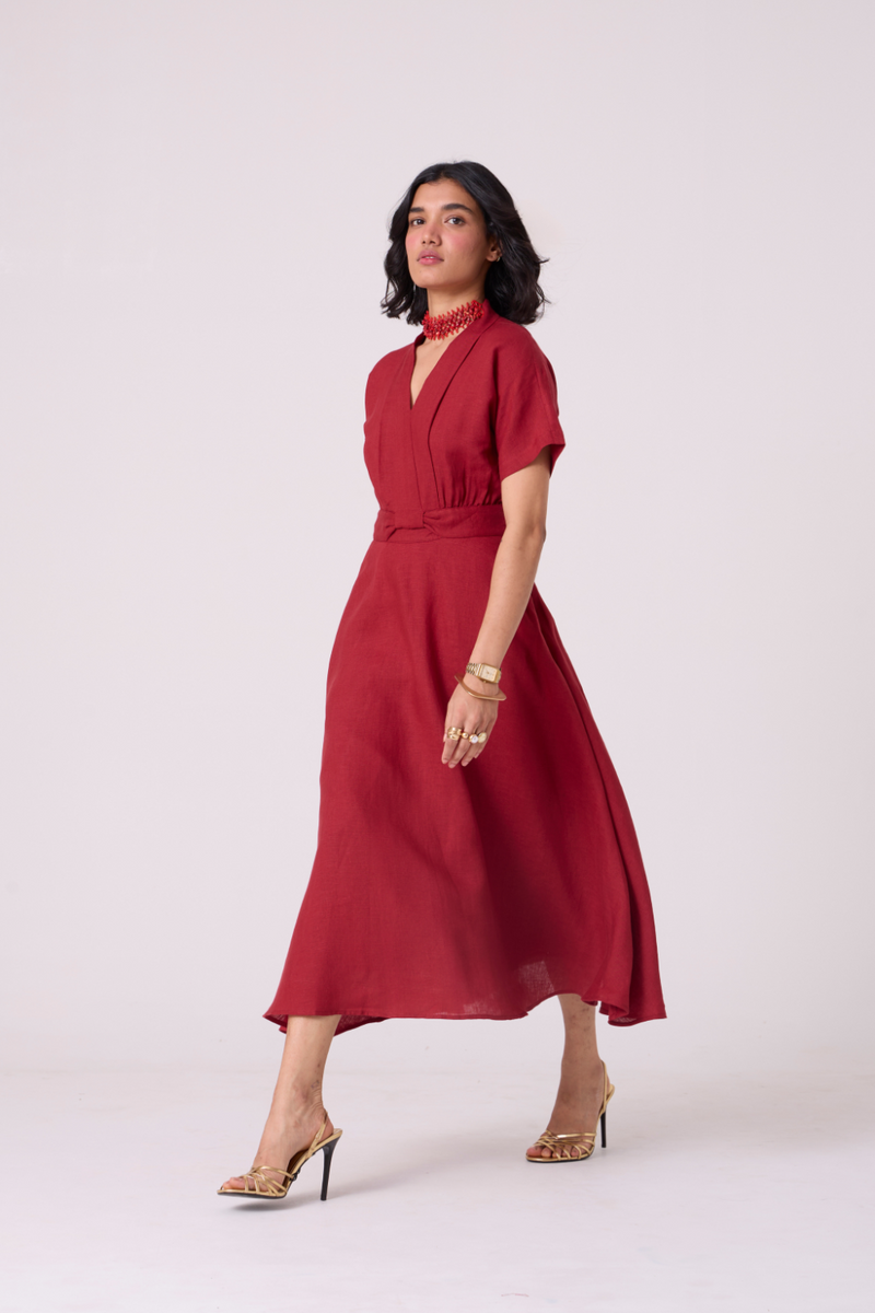 Miyake Red Linen Dress all linen by The Summer House in red color for women Worldwide