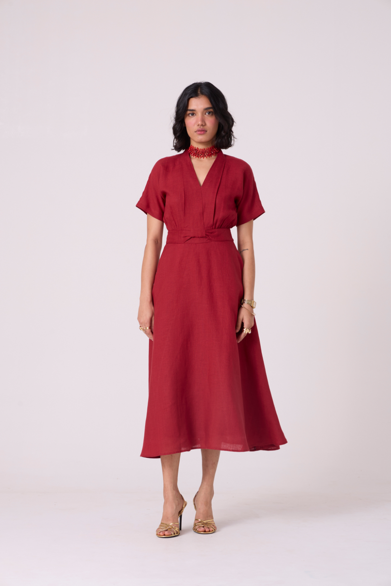 Miyake Red Linen Dress all linen by The Summer House in red color for women Worldwide