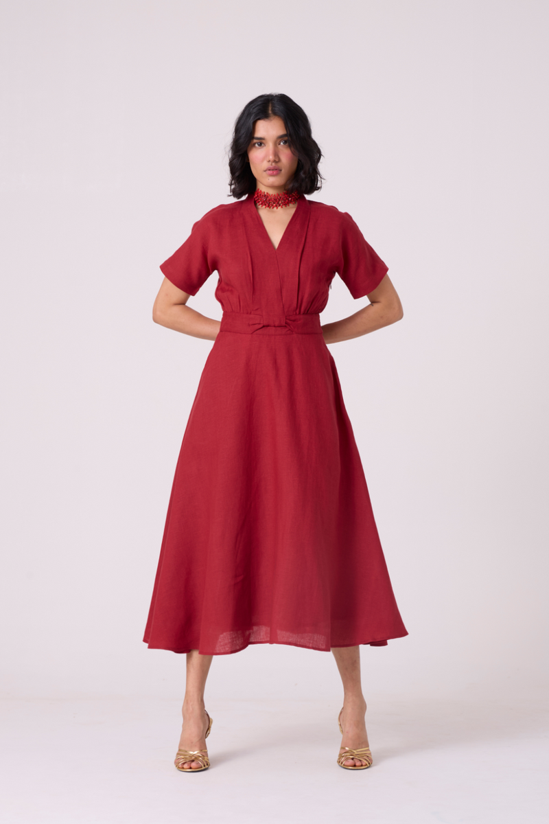 Miyake Red Linen Dress all linen by The Summer House in red color for women Worldwide