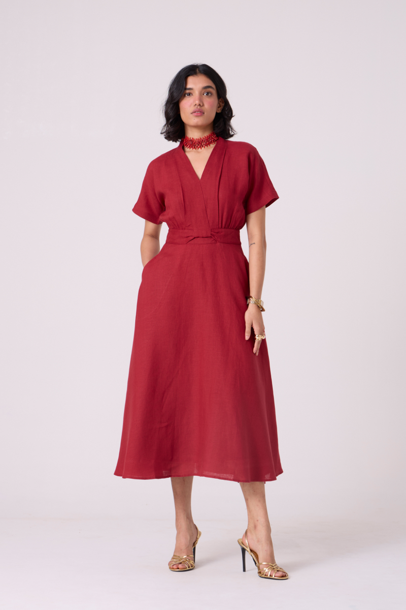 Miyake Red Linen Dress all linen by The Summer House in red color for women Worldwide