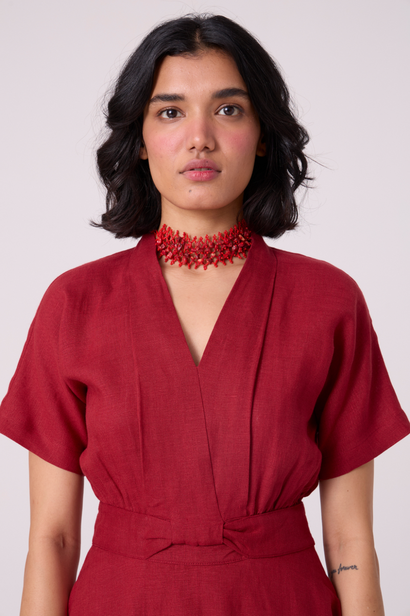 Miyake Red Linen Dress all linen by The Summer House in red color for women Worldwide
