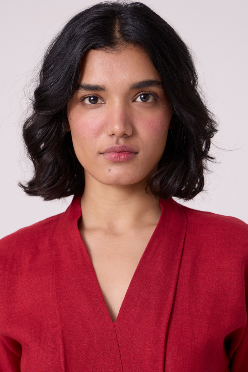 Miyake Red Linen Dress all linen by The Summer House in red color for women Worldwide