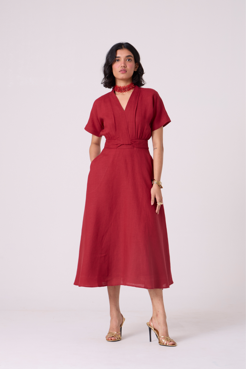 Miyake Red Linen Dress all linen by The Summer House in red color for women Worldwide