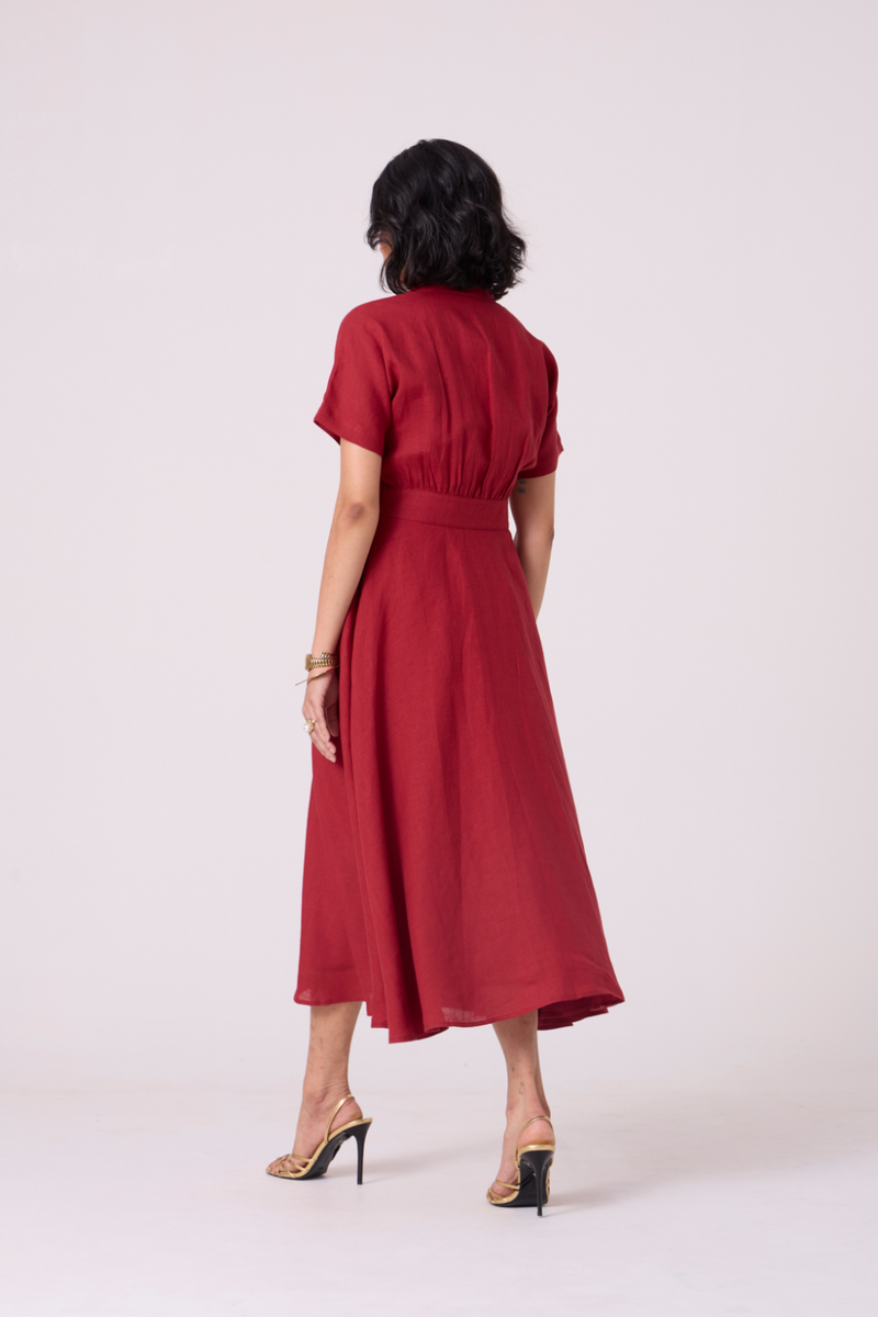 Miyake Red Linen Dress all linen by The Summer House in red color for women Worldwide