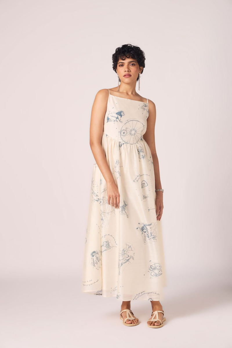 Mizar Zodiac Print Handwoven Dress chanderi by The Summer House in white color for women Worldwide