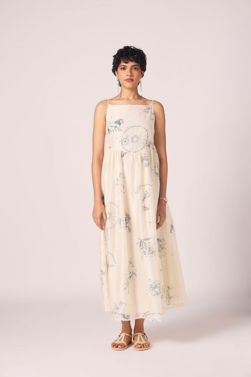 Mizar Zodiac Print Handwoven Dress chanderi by The Summer House in white color for women Worldwide