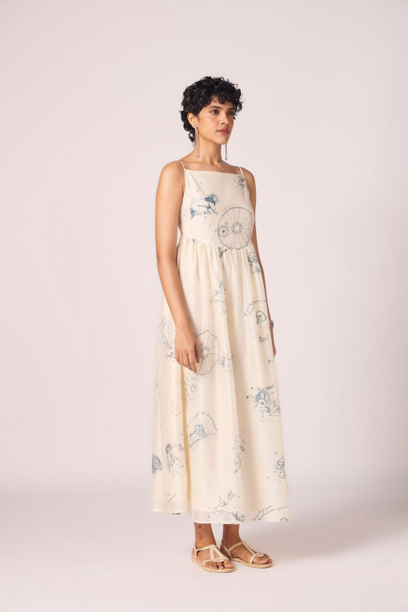 Mizar Zodiac Print Handwoven Dress chanderi by The Summer House in white color for women Worldwide