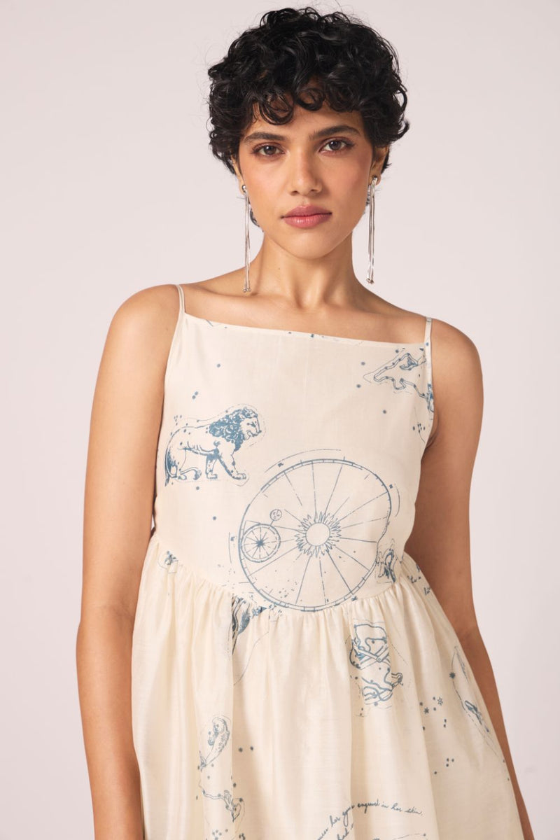 Mizar Zodiac Print Handwoven Dress chanderi by The Summer House in white color for women Worldwide