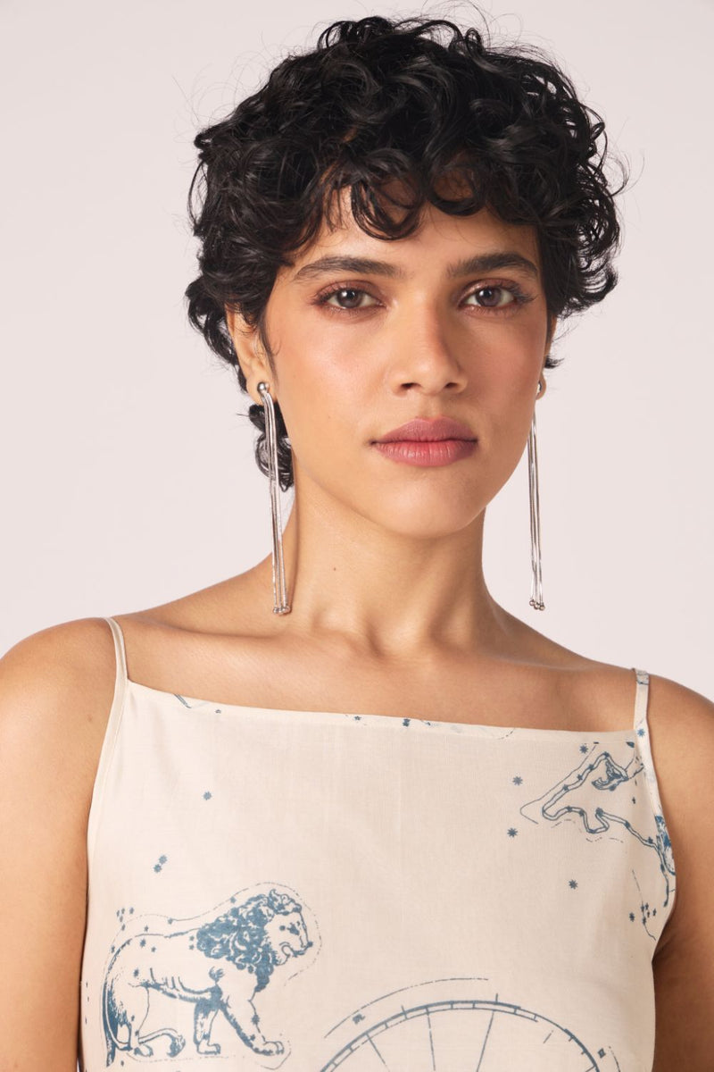 Mizar Zodiac Print Handwoven Dress chanderi by The Summer House in white color for women Worldwide