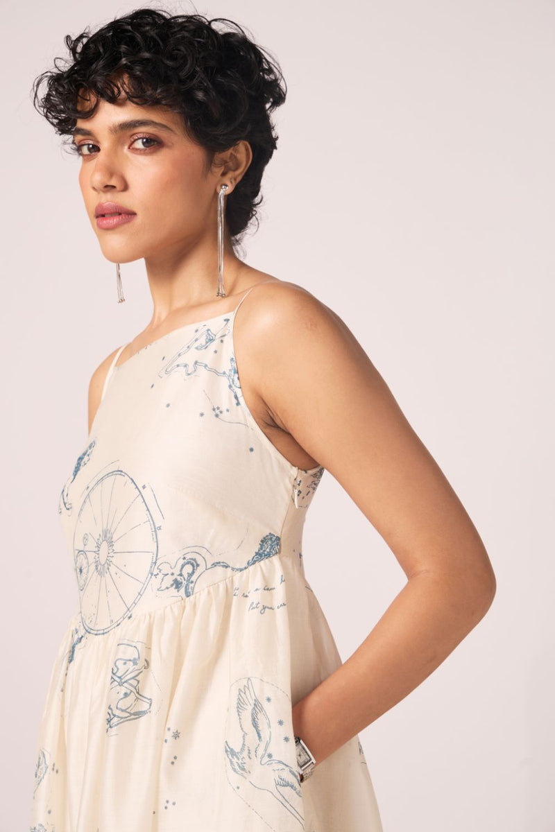 Mizar Zodiac Print Handwoven Dress chanderi by The Summer House in white color for women Worldwide