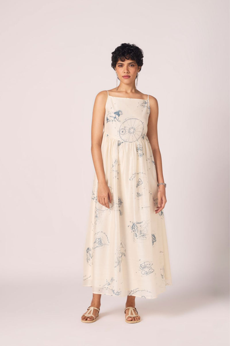 Mizar Zodiac Print Handwoven Dress chanderi by The Summer House in white color for women Worldwide