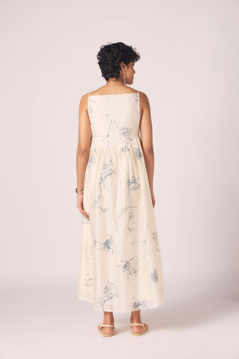 Mizar Zodiac Print Handwoven Dress chanderi by The Summer House in white color for women Worldwide
