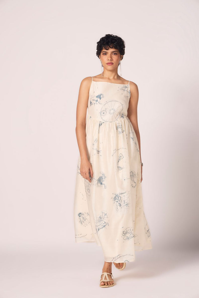 Mizar Zodiac Print Handwoven Dress chanderi by The Summer House in white color for women Worldwide