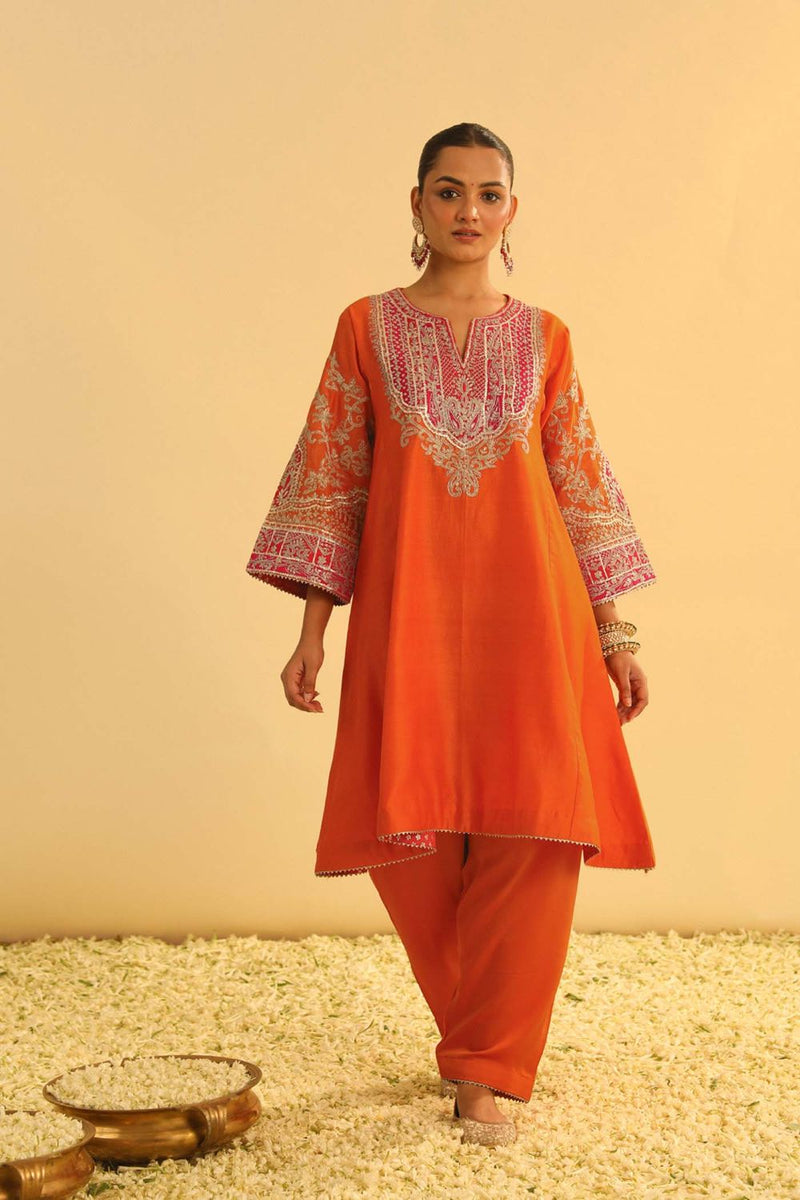 Mohsina Chauga with Salwar-Orange silk by SHEETAL BATRA in orange color for women Worldwide