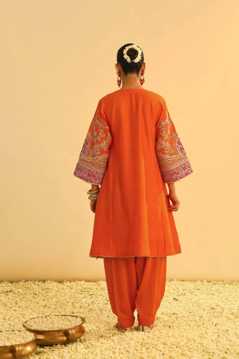 Mohsina Chauga with Salwar-Orange silk by SHEETAL BATRA in orange color for women Worldwide