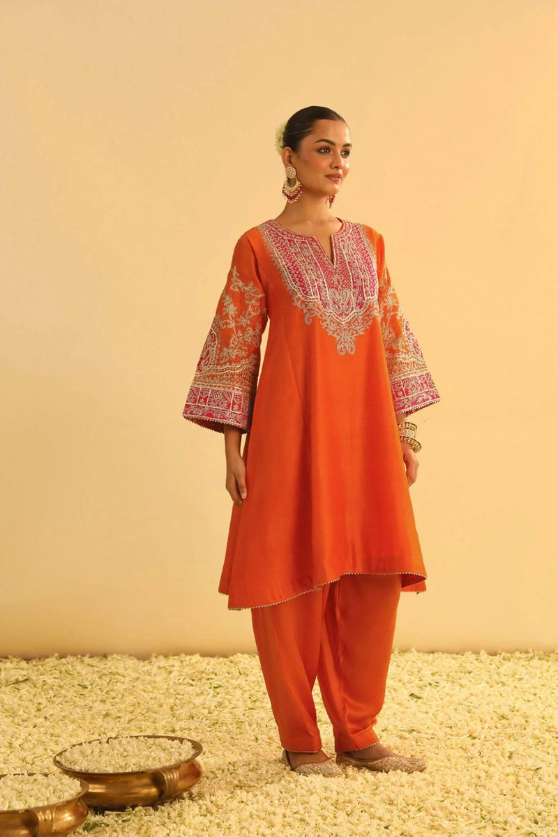 Mohsina Chauga with Salwar-Orange silk by SHEETAL BATRA in orange color for women Worldwide