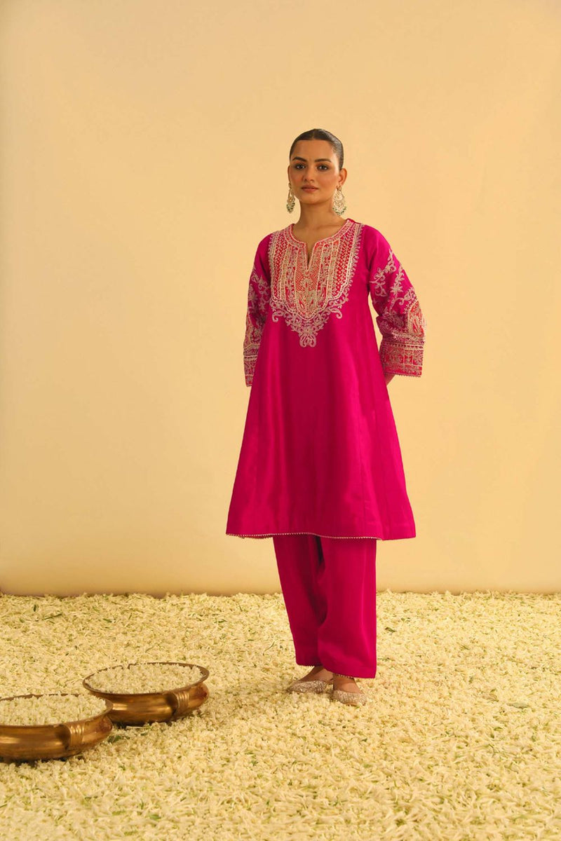 Mohsina Chauga with Salwar-Hotpink silk by SHEETAL BATRA in pink color for women Worldwide