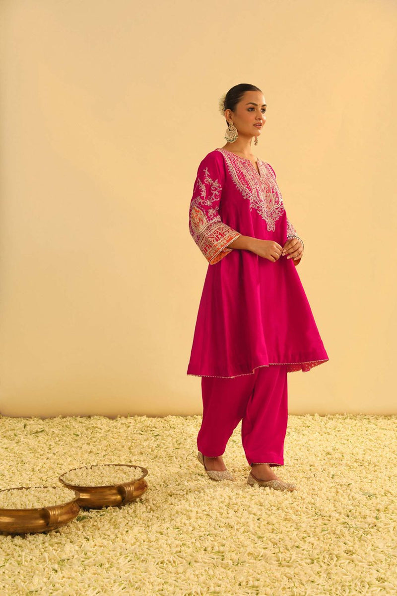 Mohsina Chauga with Salwar-Hotpink silk by SHEETAL BATRA in pink color for women Worldwide