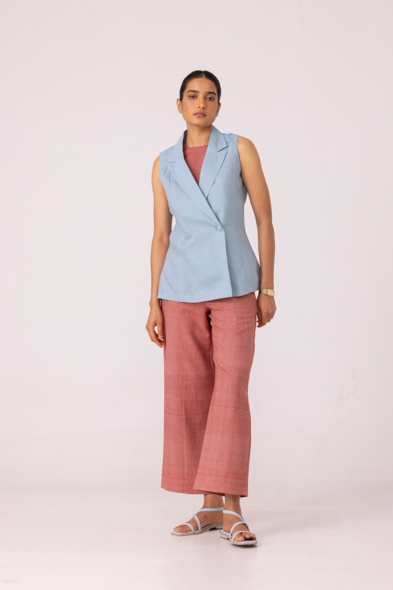 Moira Red Handwoven Denim Pants cotton by The Summer House for women Worldwide
