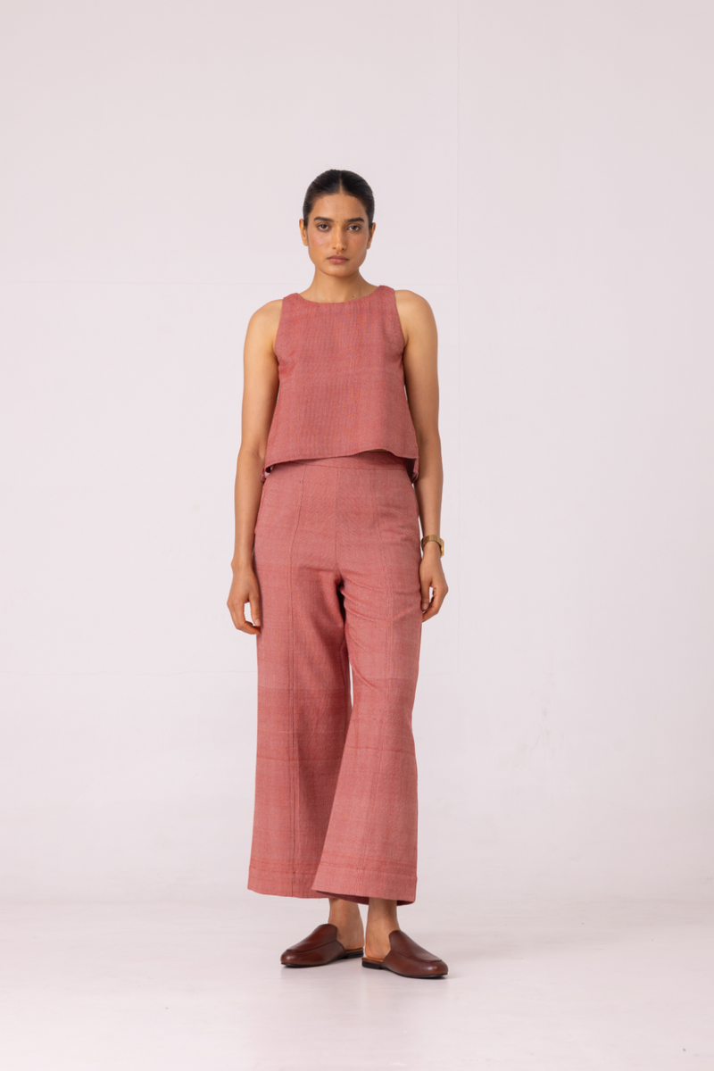 Moira Red Handwoven Denim Pants cotton by The Summer House for women Worldwide