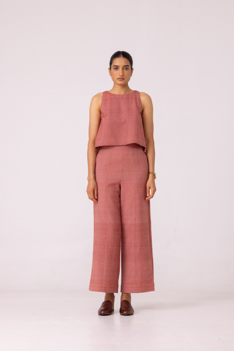Moira Red Handwoven Denim Pants cotton by The Summer House for women Worldwide
