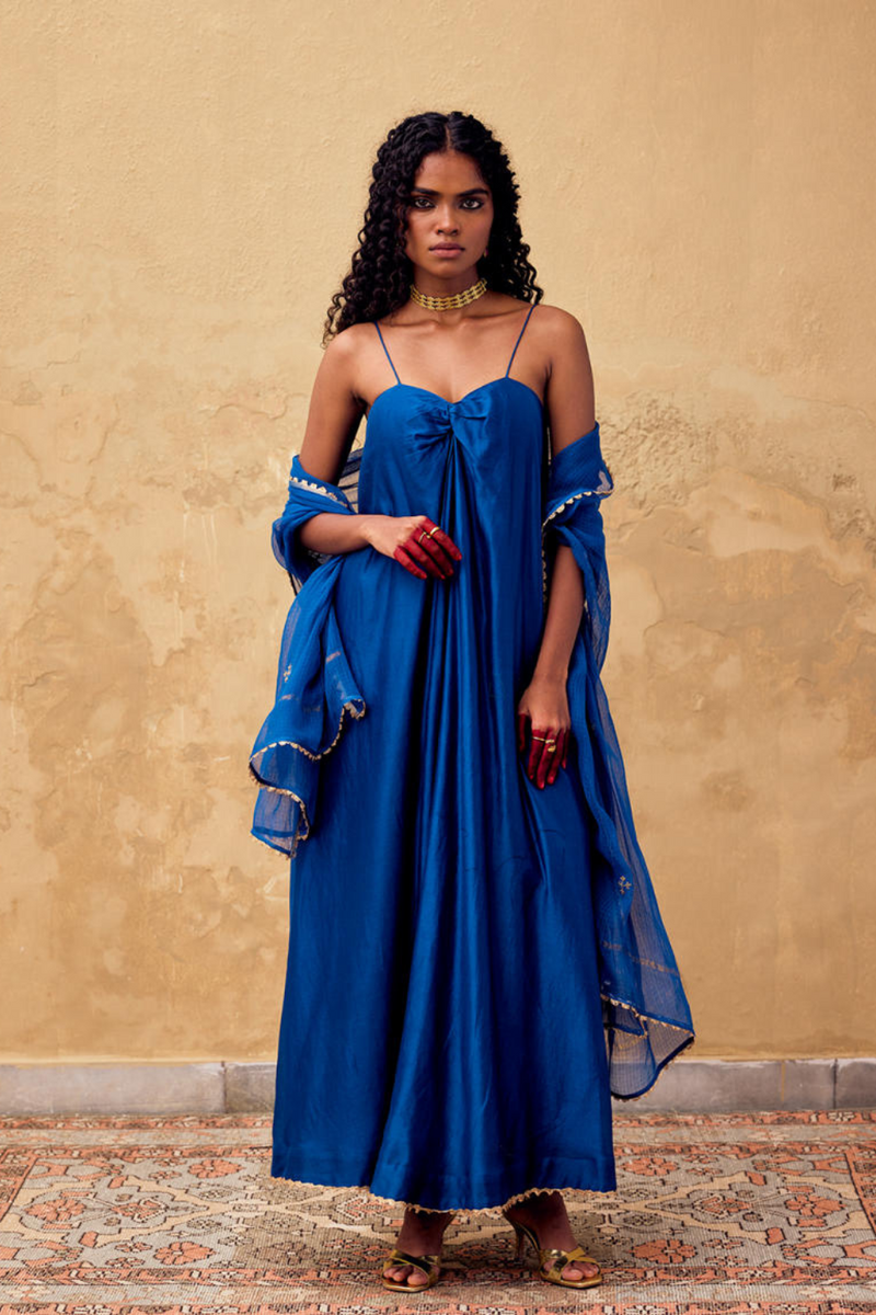 Morni Dress with Dupatta chanderi by Khara Kapas in blue for women Worldwide