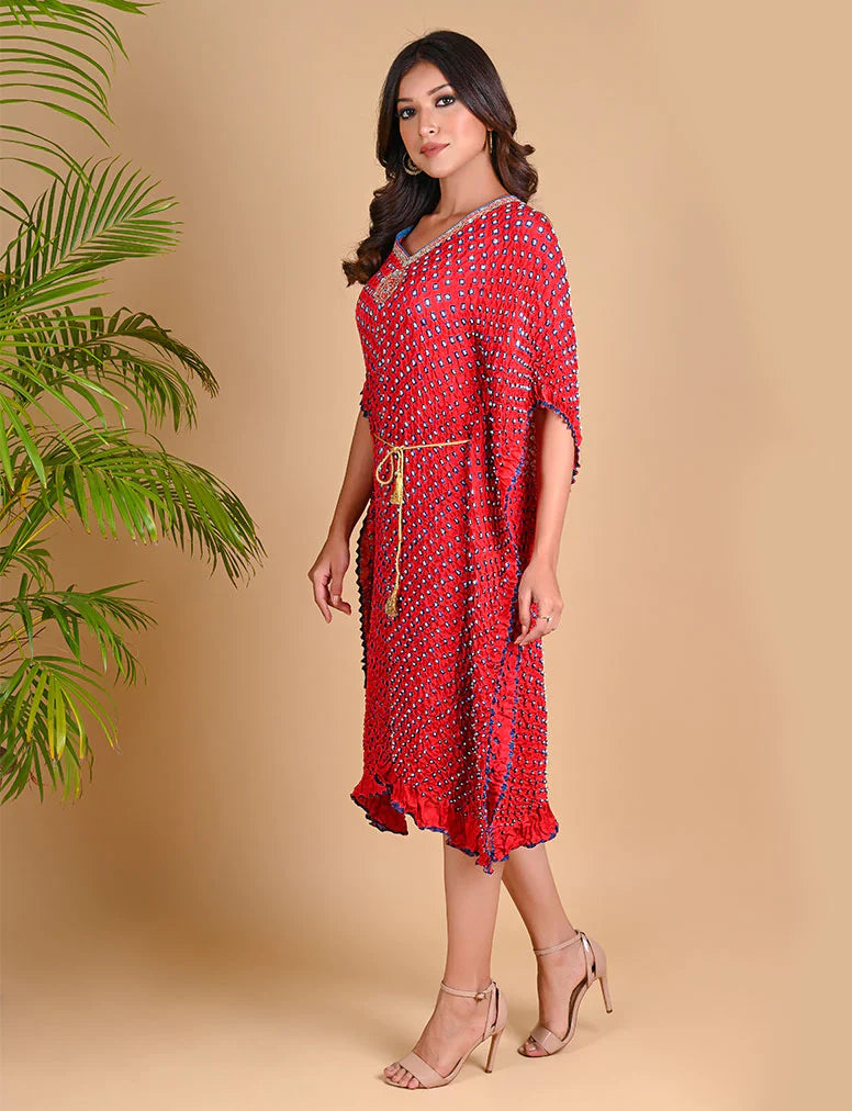 MOROCCAN KAFTAN-RED silk by Dyelogue in red color for women Worldwide