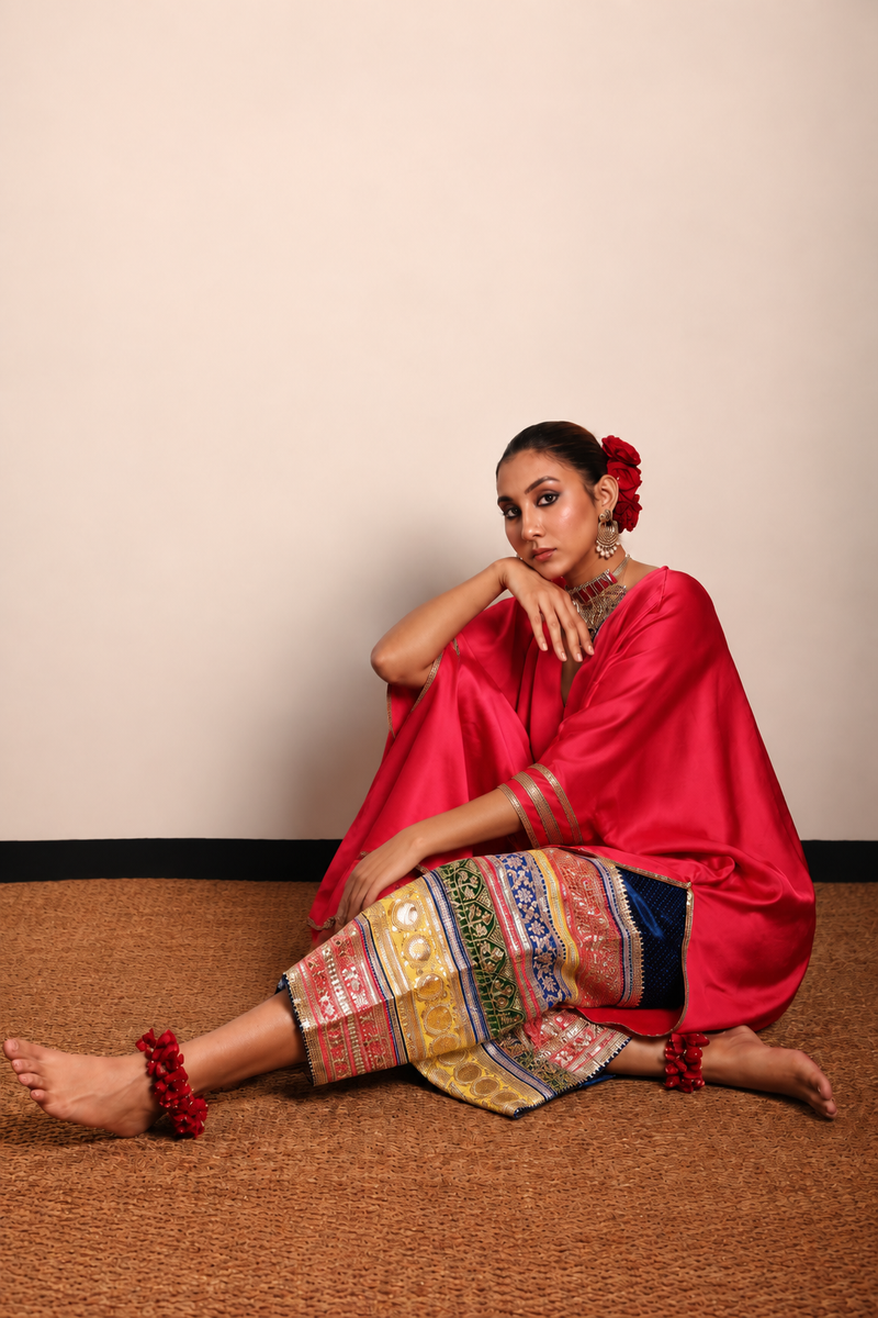 Multi Border Izhaar-Coral Tunic/ Electric Blue Farshi satin kurta/kurta set by Sabo by Sabina in blue, pink for women Worldwide