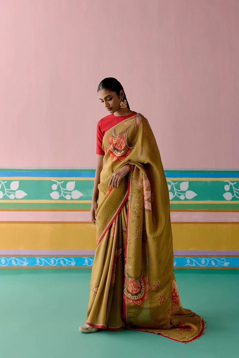 Mustard Chintz Saree by Label Mogra in mustard color for women Worldwide