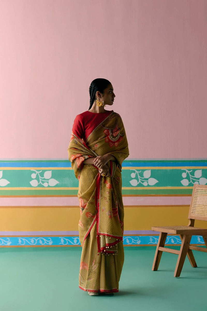 Mustard Chintz Saree by Label Mogra in mustard color for women Worldwide