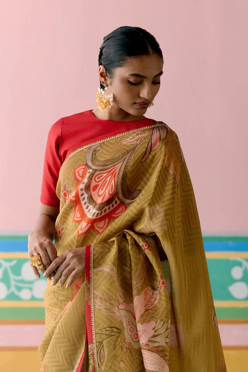 Mustard Chintz Saree by Label Mogra in mustard color for women Worldwide