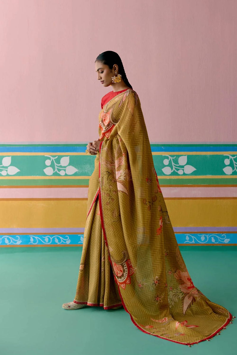 Mustard Chintz Saree by Label Mogra in mustard color for women Worldwide
