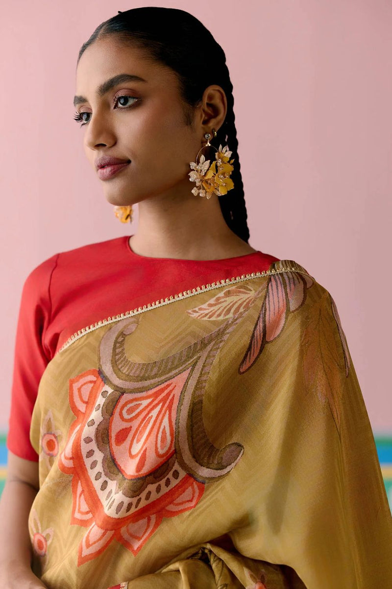Mustard Chintz Saree by Label Mogra in mustard color for women Worldwide