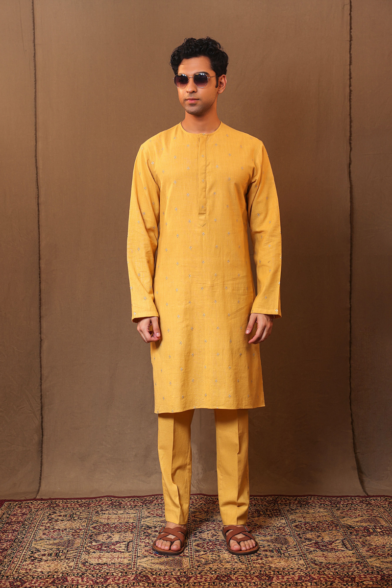 Mustard EMB Zari Clubs SB Cotton Kurta