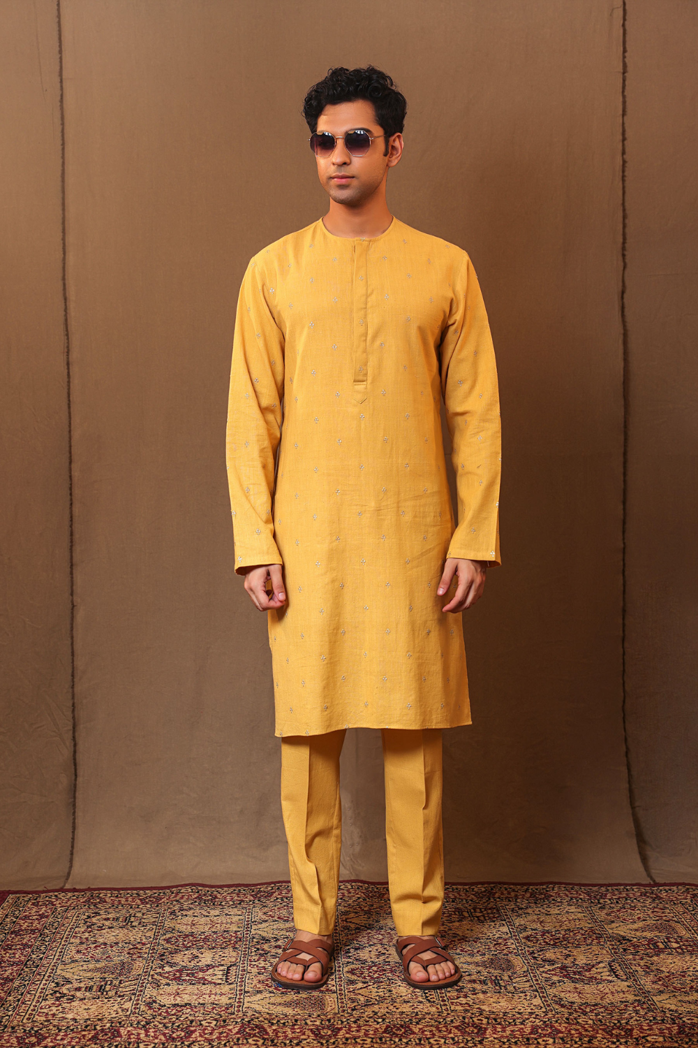 Mustard EMB Zari Clubs SB Cotton Kurta