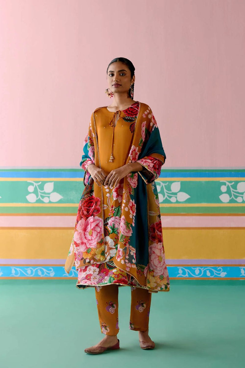 Mustard Floral Kurta Set satin by Label Mogra in mustard color for women Worldwide