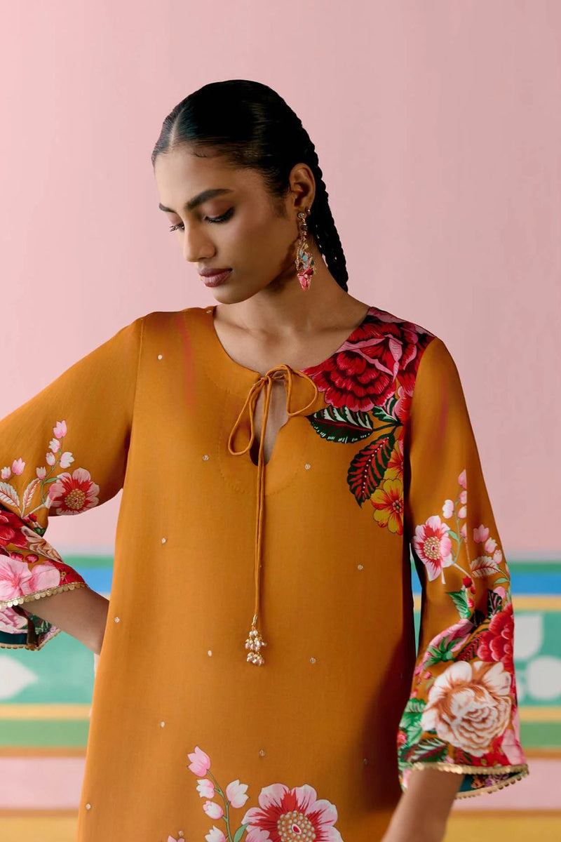 Mustard Floral Kurta Set satin by Label Mogra in mustard color for women Worldwide