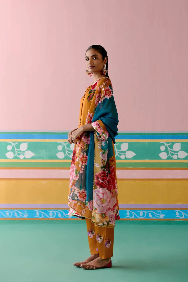 Mustard Floral Kurta Set satin by Label Mogra in mustard color for women Worldwide