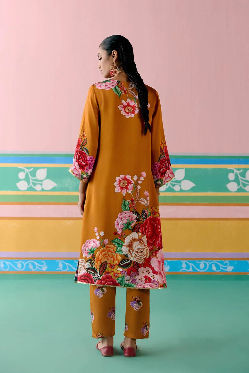 Mustard Floral Kurta Set satin by Label Mogra in mustard color for women Worldwide