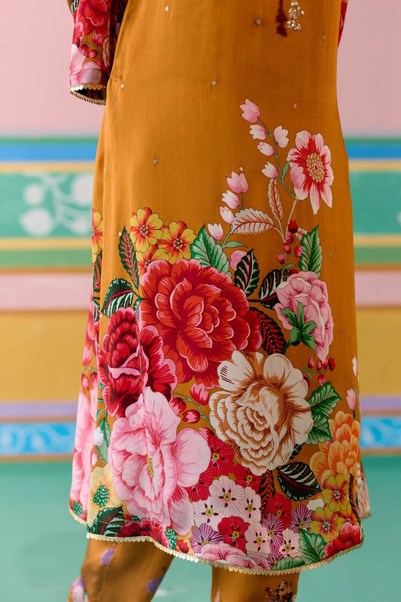 Mustard Floral Kurta Set satin by Label Mogra in mustard color for women Worldwide