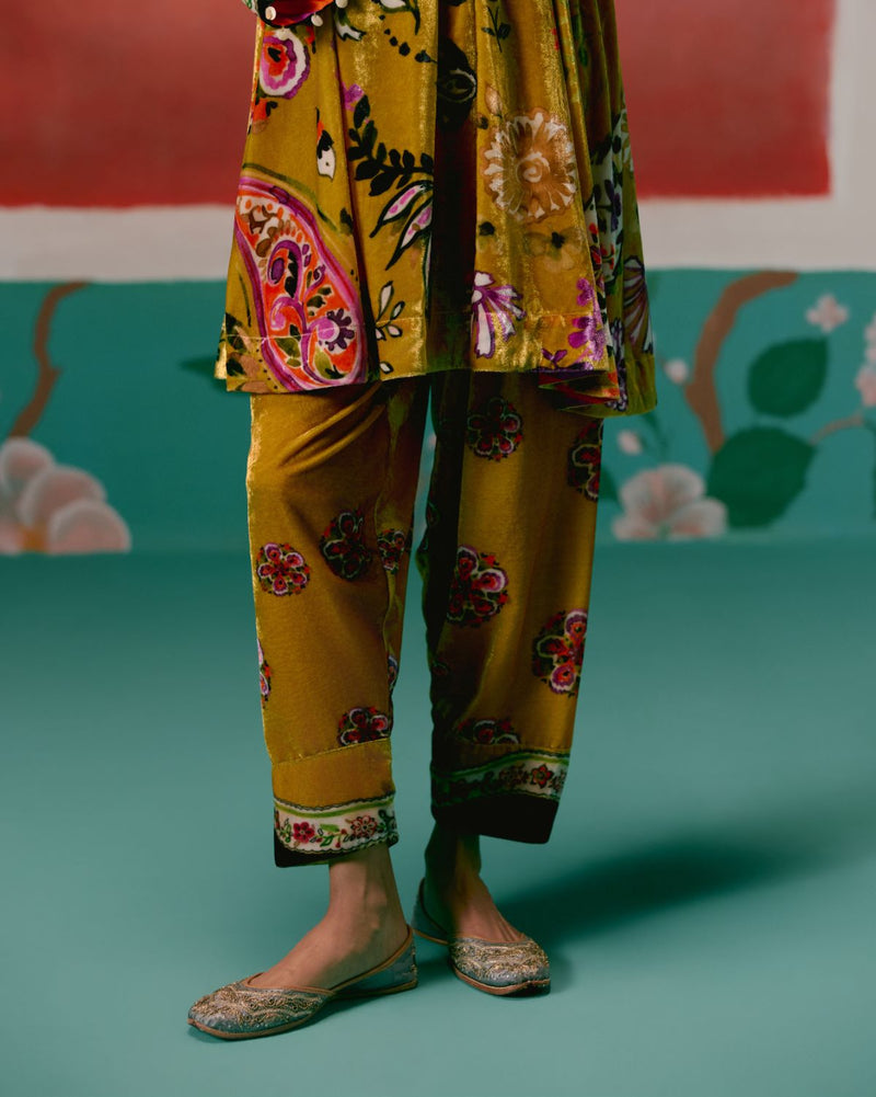 Mustard Floral Velvet Kurta Set by Label Mogra in mustard color for women Worldwide