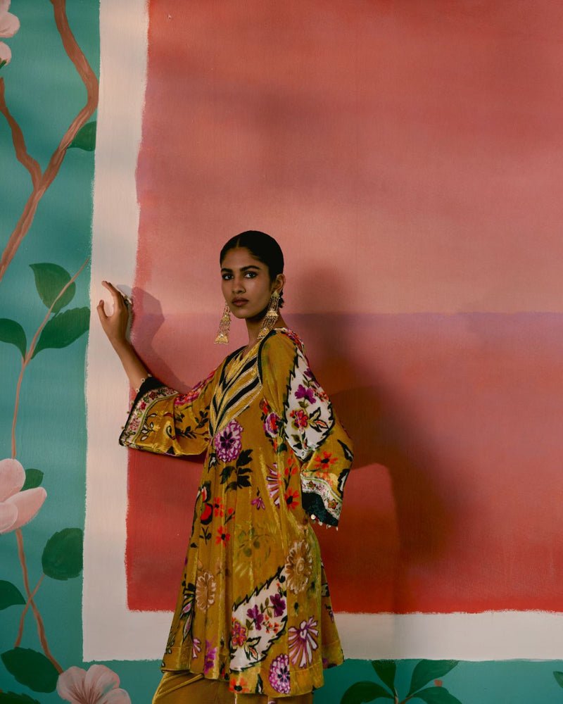 Mustard Floral Velvet Kurta Set by Label Mogra in mustard color for women Worldwide