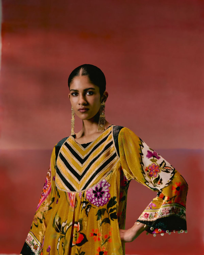 Mustard Floral Velvet Kurta Set by Label Mogra in mustard color for women Worldwide