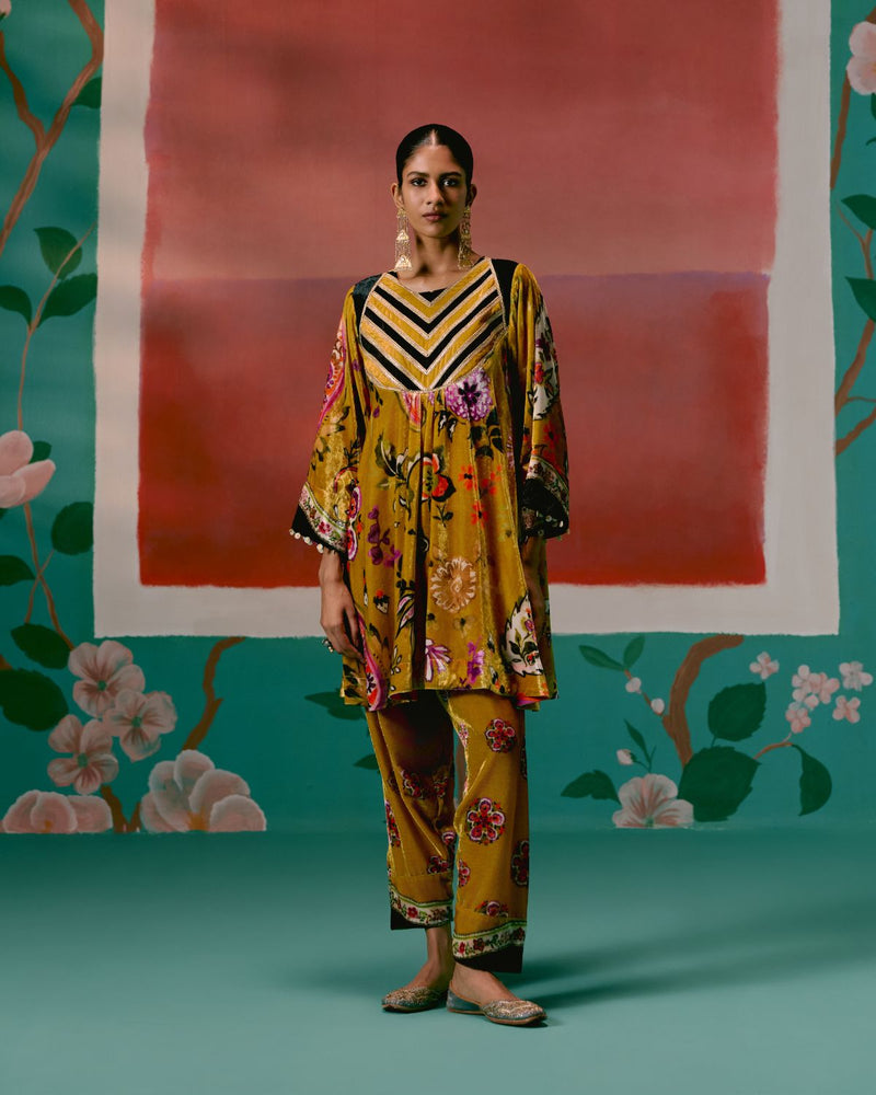 Mustard Floral Velvet Kurta Set by Label Mogra in mustard color for women Worldwide