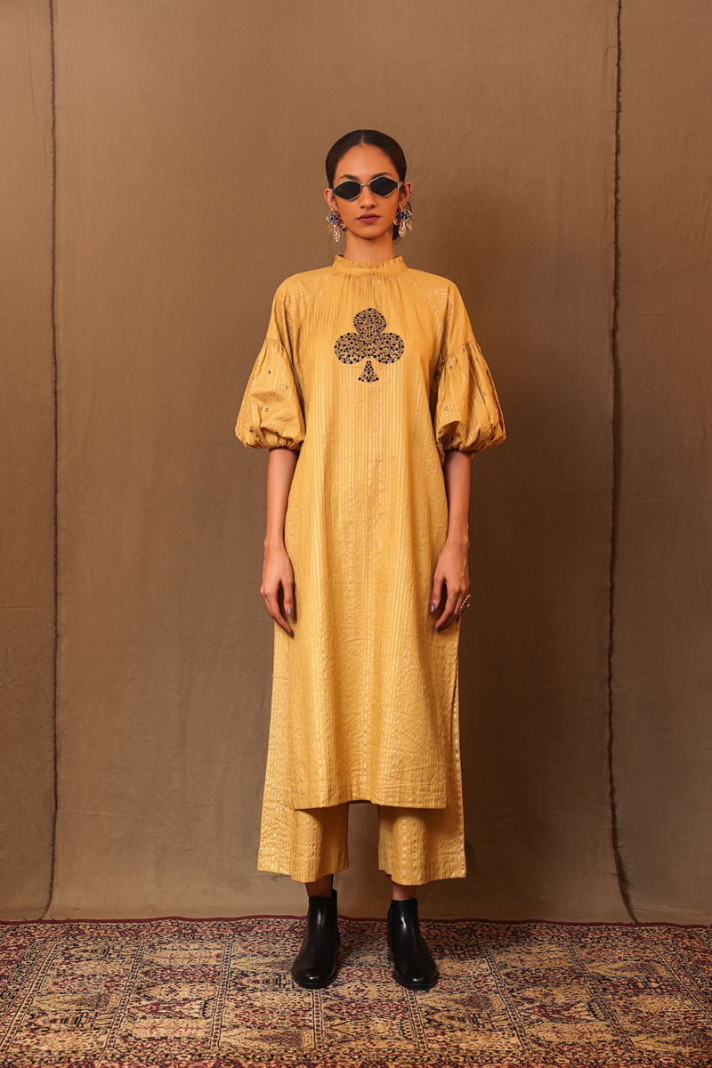 Mustard STR RE Pants 100% cotton by Mati in mustard color for women Worldwide
