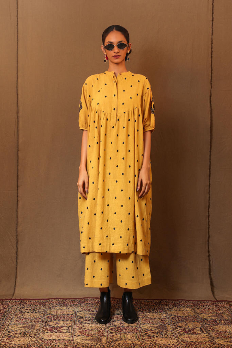 Mustard Spade EMB Acra Tunic 100% cotton by Mati in mustard color for women Worldwide