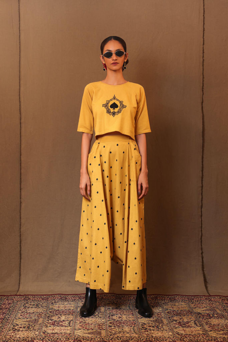Mustard Spade EMB Harem Pants 100% cotton by Mati in mustard color for women Worldwide