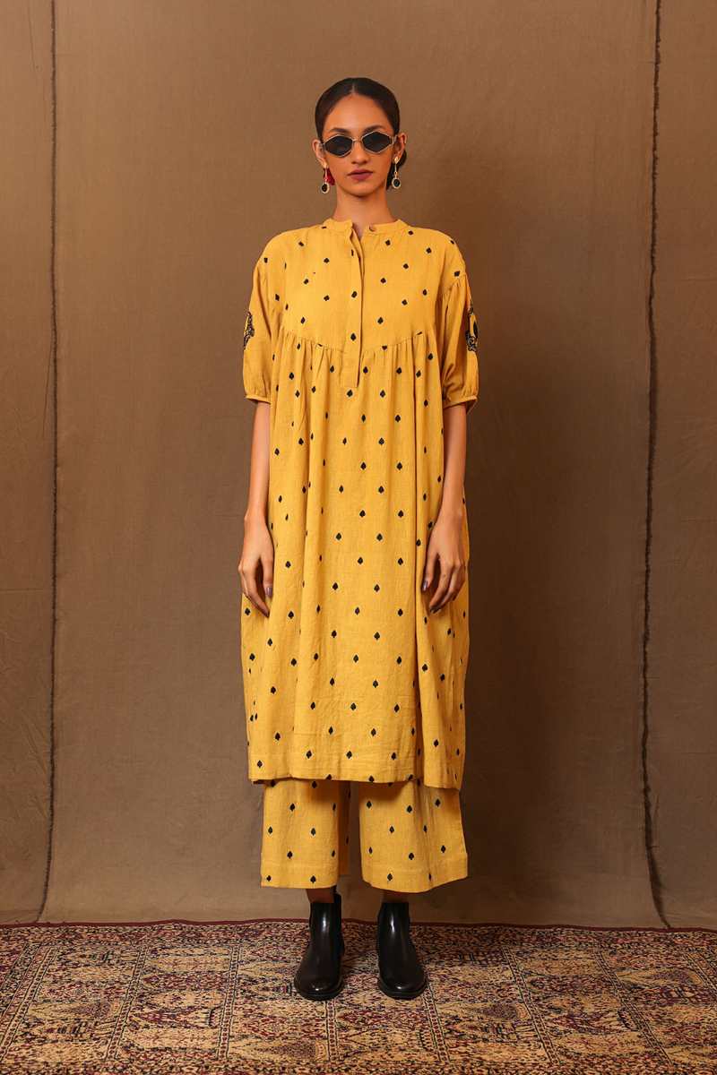 Mustard Spade EMB RE Pants 100% cotton by Mati in mustard color for women Worldwide