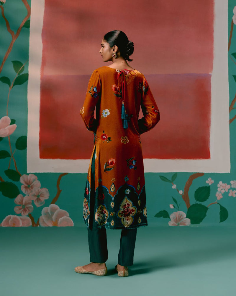 Mustard Teal Floral Velvet Kurta Set by Label Mogra in mustard color for women Worldwide