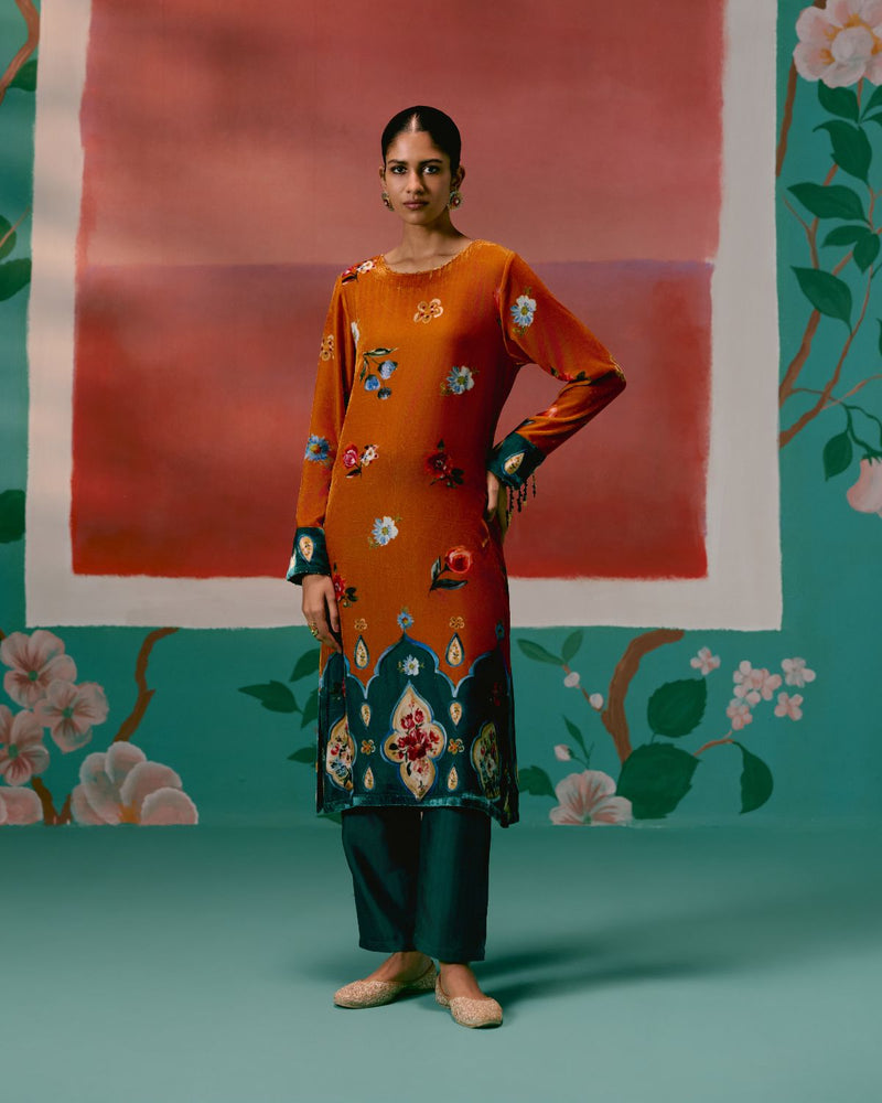 Mustard Teal Floral Velvet Kurta Set by Label Mogra in mustard color for women Worldwide
